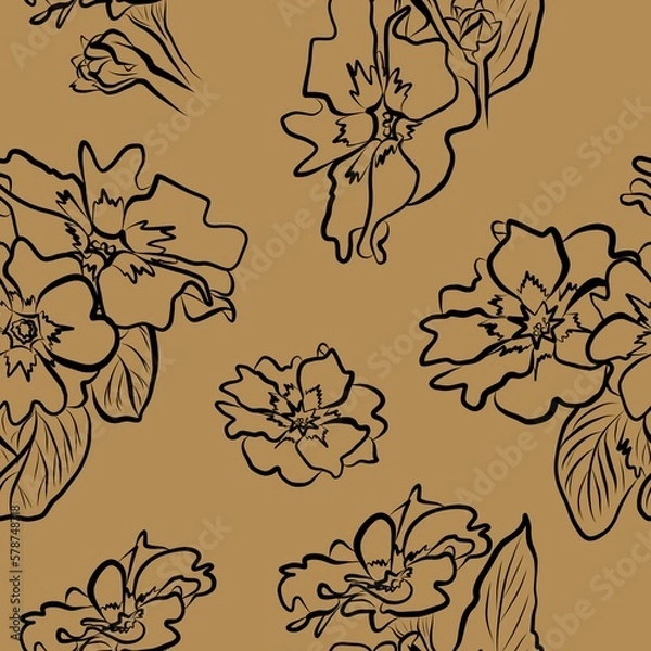 Fototapeta Spring flowers collection of primrose seamless pattern drawing