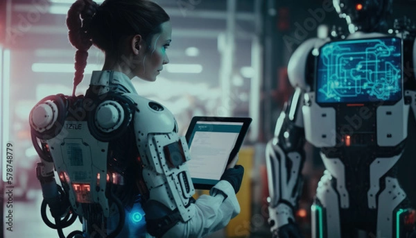 Fototapeta Engineer in a modern factory. Industry 4.0 machine maintenance. generative AI	
