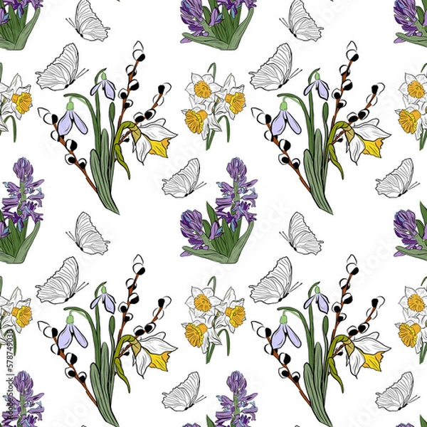 Fototapeta Seamless pattern bouquet with butterflies, willow branch and snowdrops