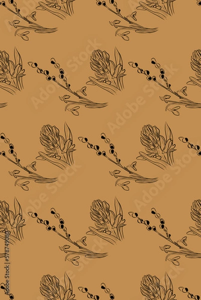 Fototapeta Seamless pattern bouquet with willow branch and hyacinth
