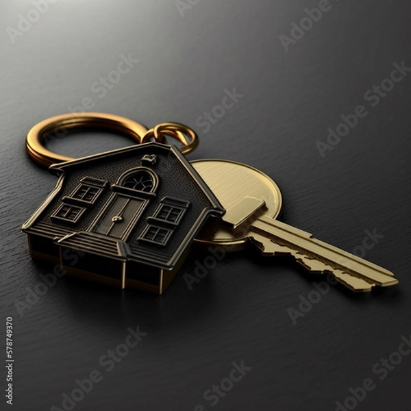 Fototapeta Golden key on a keychain. Golden key to a new house. Golden key to the apartment. Generative AI.