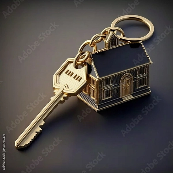 Fototapeta Golden key on a keychain. Golden key to a new house. Golden key to the apartment. Generative AI.