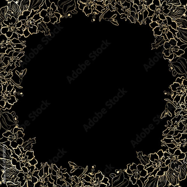 Fototapeta Wreath, round frame bouquet of spring flowers golden line on black background