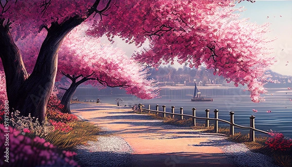 Fototapeta Cherry Blossoms by the Sea: A Stunning Display of Pink Petals and Ocean Views. Generative Ai