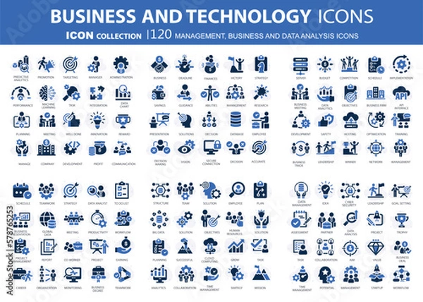 Fototapeta Business, data analysis, organization management and technology icon set. Teamwork, strategy, planning, marketing, cloud technology, data analysis, employee icon set. Icons vector collection