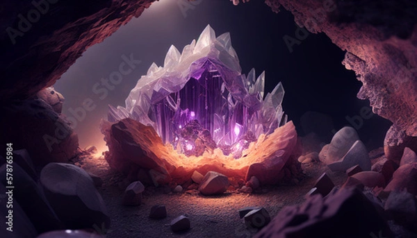 Fototapeta Glowing Amethyst Cave with Quartz Crystals in a Magical Nature Scene. Generative Ai