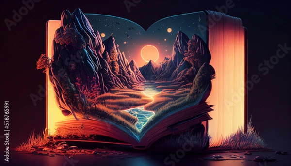 Fototapeta A Fantastical Book of Wonder: An Idyllic Natural Landscape with Towering Mountains, Rocky Cliffs, and Babbling Rivers. Generative Ai