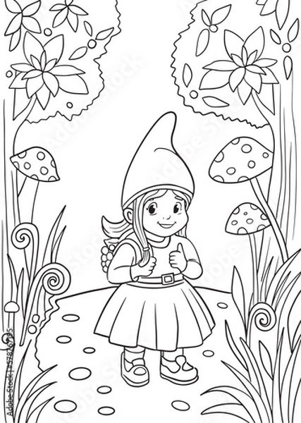 Fototapeta Vector coloring book for children and adults with a gnome girl in the forest with flowers and mushrooms