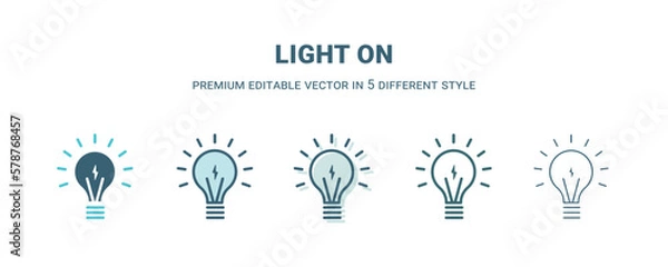 Fototapeta light on icon in 5 different style. Outline, filled, two color, thin light on icon isolated on white background. Editable vector can be used web and mobile