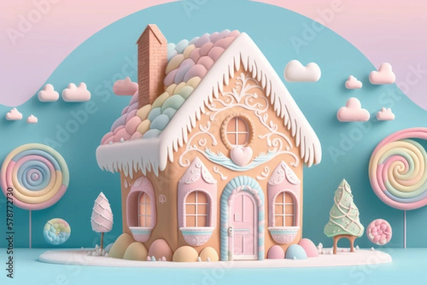Fototapeta 3d model of gingerbread house illustration with a pastel backdrop made by generative ai