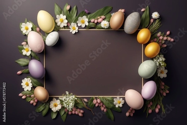 Fototapeta Easter Background with Easter eggs and flowers .Generative AI
