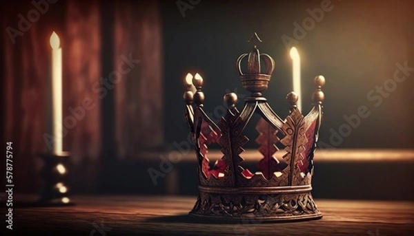 Fototapeta  a crown sitting on top of a wooden table next to two candles.  generative ai