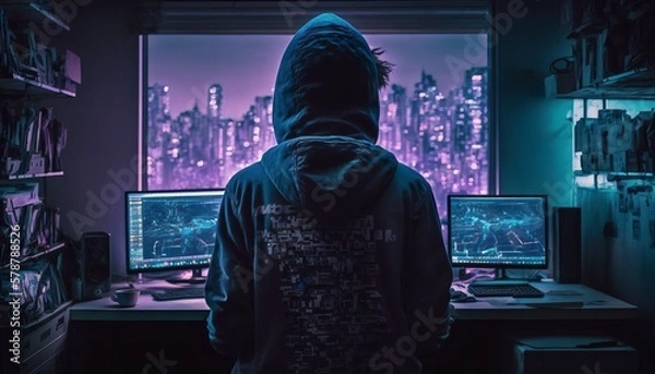 Fototapeta  A man in a hood working as a hacker at the computer in the dark room at night, hacking the system