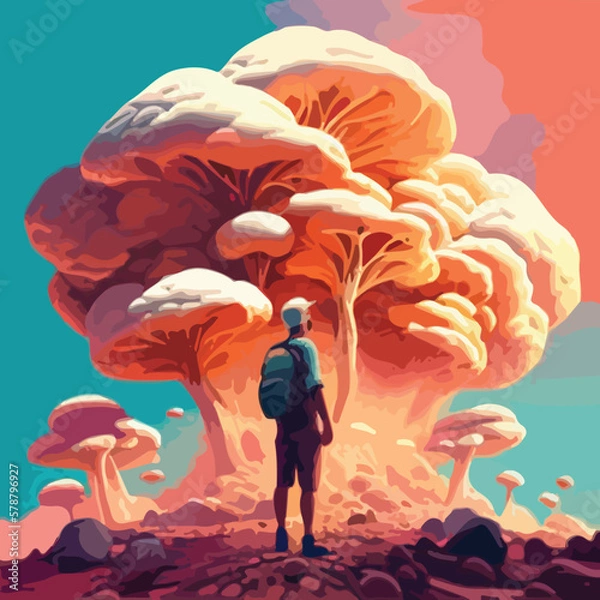 Obraz Vector art. Traveler in the sky in the world of mushrooms. Ecology of thought