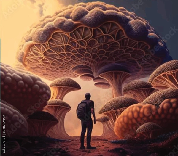 Obraz Vector art. Traveler in space in the world of mushrooms. space tourism