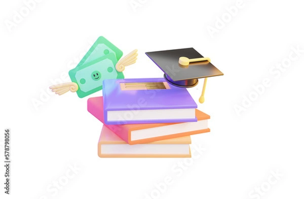 Obraz books icon with graduation cap and dollar on transparent background 3d render concept scholarship