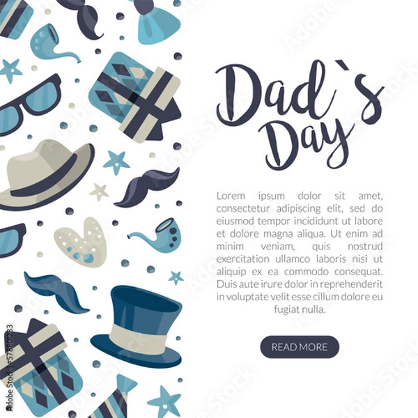 Fototapeta Dads day landing page template. Happy Father Day web banner with hat, moustache, necktie, glasses seamless pattern and space for text cartoon vector