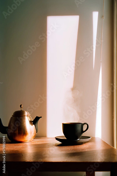 Fototapeta Cup of hot coffee on a dark wooden table with a golden teapot beside it. Soft lighting and bare walls create a warm and relaxing atmosphere. Created by Artificial Intelligence.