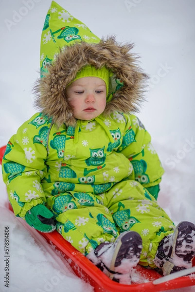 Obraz A little girl is sledding in the harsh northern winter