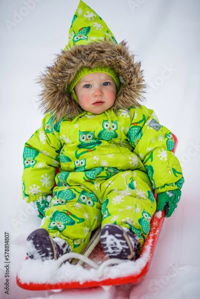 Obraz A little girl is sledding in the harsh northern winter