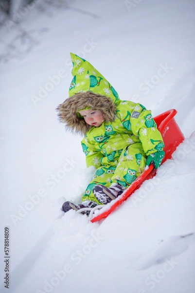 Obraz A little girl is sledding in the harsh northern winter
