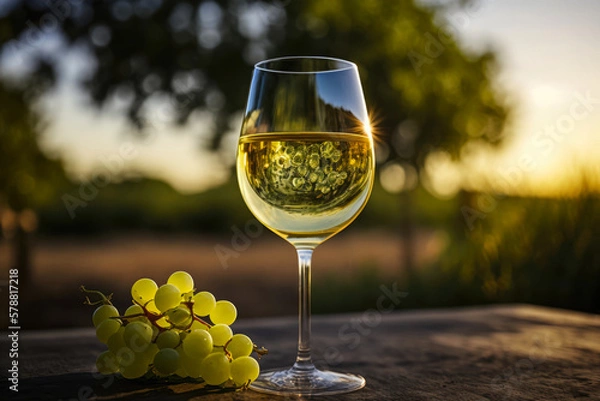 Fototapeta One glass of white wine standing on a table next to a bunch of grapes in the shade overlooking a sunny summer field with vineyards.Horizontal illustration. Generative AI