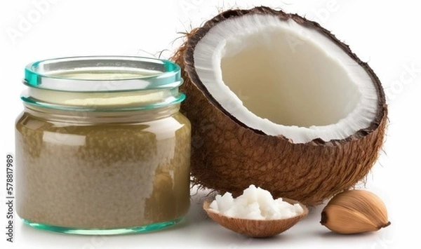 Fototapeta  a jar of coconut oil next to a coconut and a coconut shell.  generative ai