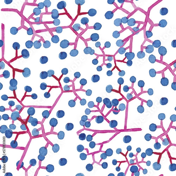 Fototapeta Watercolor seamless pattern with blue and pink berries on white background.