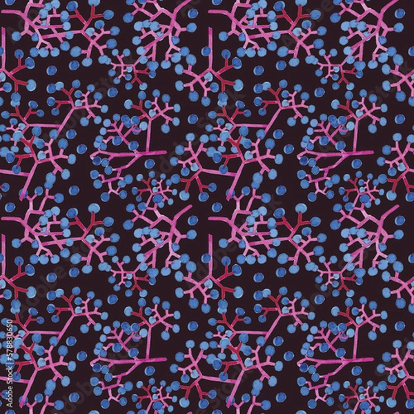 Fototapeta Seamless pattern with blue and pink berries of dog wine on dark background.