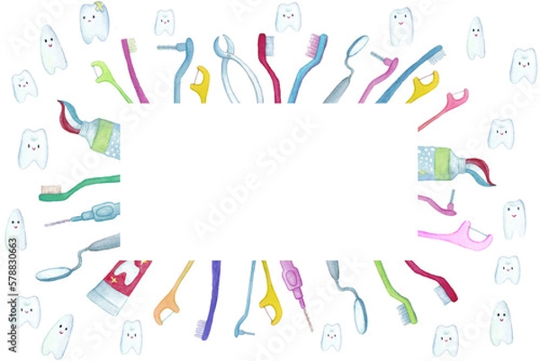 Fototapeta Cute cartoon tooth characters on white background with copy space for text.