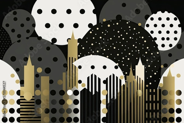 Fototapeta collage of circles and dots with skyline in foreground, black white gold