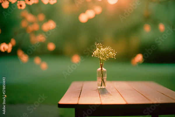 Fototapeta As flores na mesa de madeira no jardim verde são ainda mais encantadoras na primavera, graças à iluminação de luzes bokeh geradas por inteligência artificial, que criam um ambiente mágico e acolhedor.