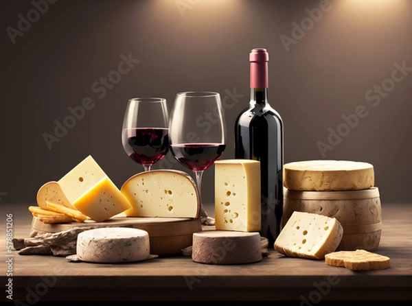 Obraz Wine and cheese on the table. Ai generated