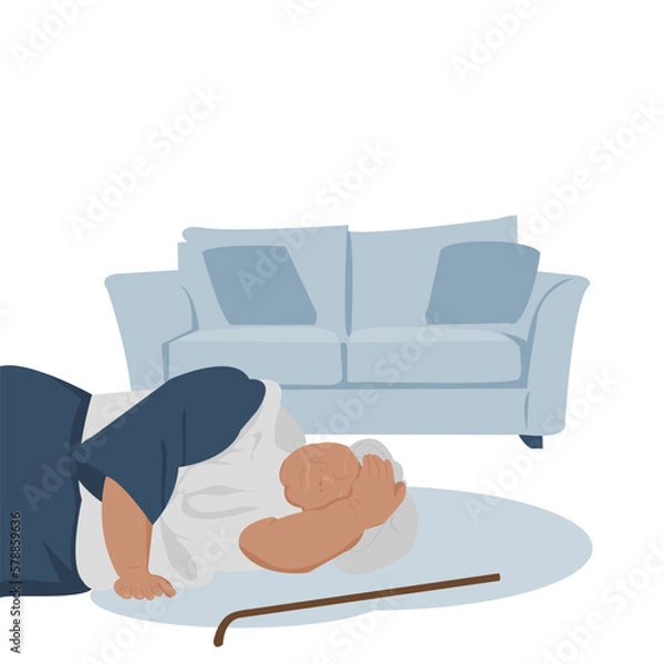 Fototapeta Old woman is faint and falling accident in living room. Elderly grandma dropping from sofa (settee,also couch) on white background. Vector isolate flat cartoon characters design concept for Healthcare