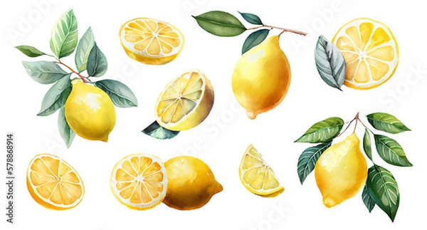 Fototapeta Lemon branches with fruits and green leaves set. Juicy citrus for lemonade. Sliced in pieces fresh lemons, watercolor style illustration isolated on transparent background. Generative AI