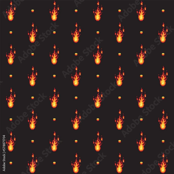 Obraz Seamless pattern 8 bit pixel style fire flame isolated on black background
