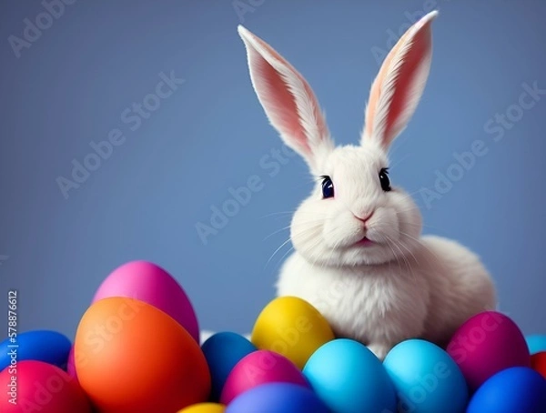 Obraz Cute easter bunny with easter eggs. Created with generative AI