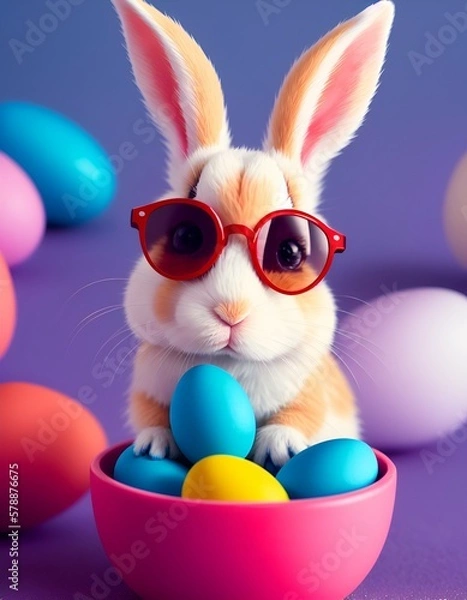 Obraz Funny easter bunny with eggs. Created with generative AI