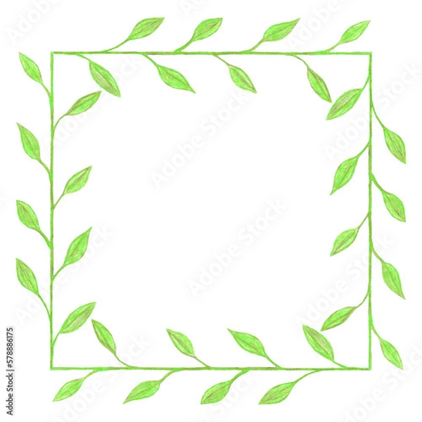 Obraz Illustration of green square frame made of stems and leaves hand drawn with colored pencils on white background