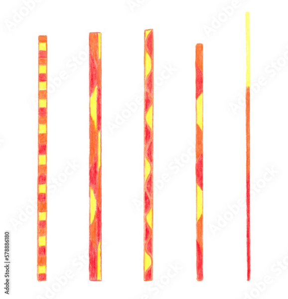 Obraz Illustration of decorative red and yellow lines hand drawn with colored pencils isolated on white background