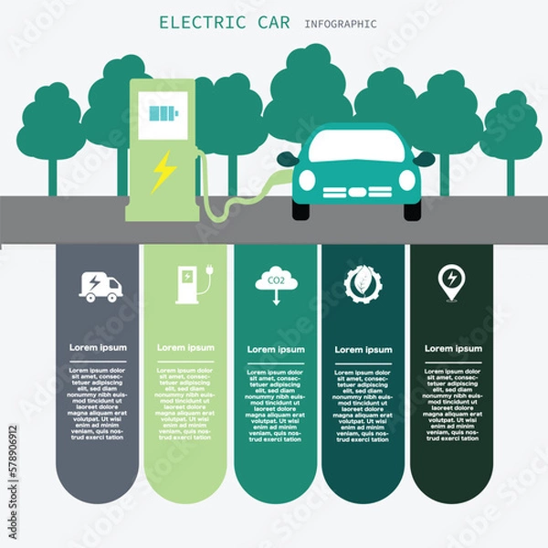 Fototapeta Electric Car environmentally friendly concept vector infographic design with icon options or steps for illustration Stock Illustration. Electric Car reduce noise pollution.