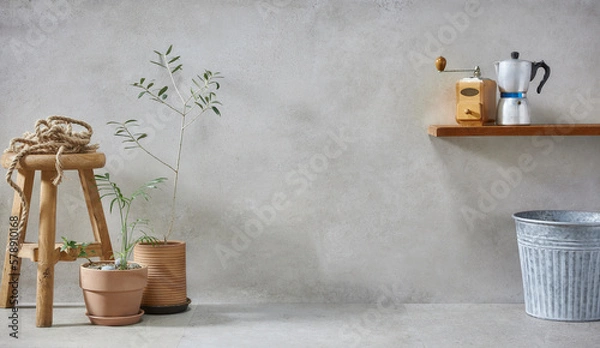 Fototapeta retro style, Basket, olive tree, earthen pot, stool and various objects on vintage gray concrete background