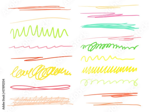 Fototapeta Hand drawn colorful underlines on white. Stroke chaotic patterns. Colored illustration. Sketchy elements for posters and flyers