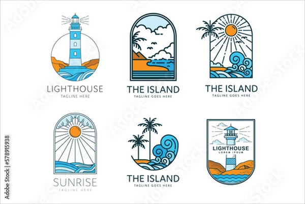 Fototapeta beach logo on tropical island with palm trees and sunset ocean waves, lighthouse badge vector illustration