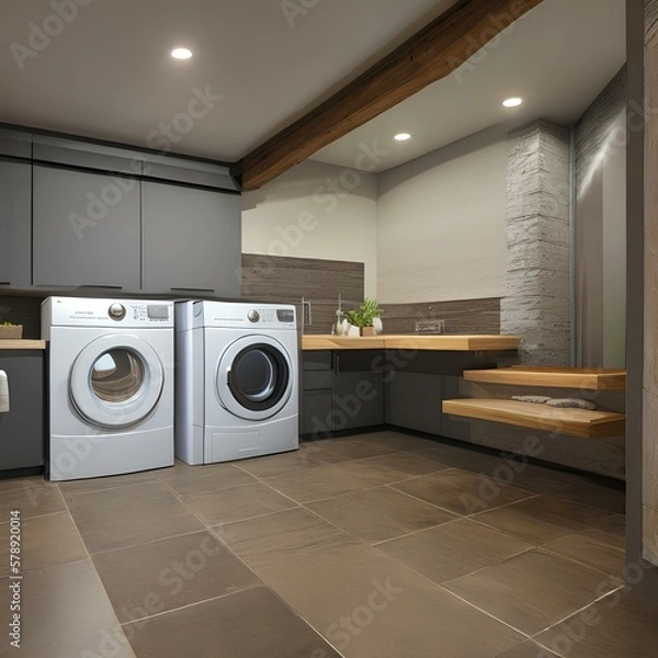 Fototapeta A basement laundry room with a washer and dryer3, Generative AI