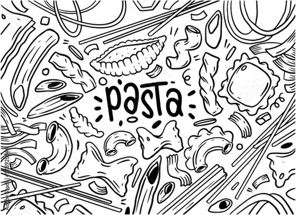 Fototapeta Sets of hand drawn pasta isolated on white background, doodle set of pasta dish. Vector illustration