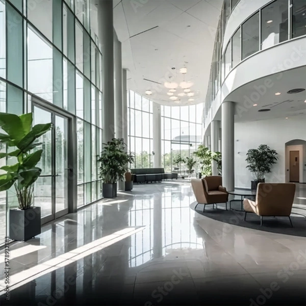Fototapeta a beautiful office building lobby with sleek modern design and large windows