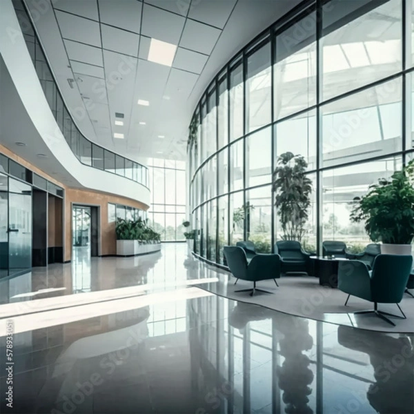 Fototapeta a beautiful office building lobby with sleek modern design and large windows --v 4 -, a beautiful office building lobby with sleek modern design and large windows shallow depth of field to emphasize t