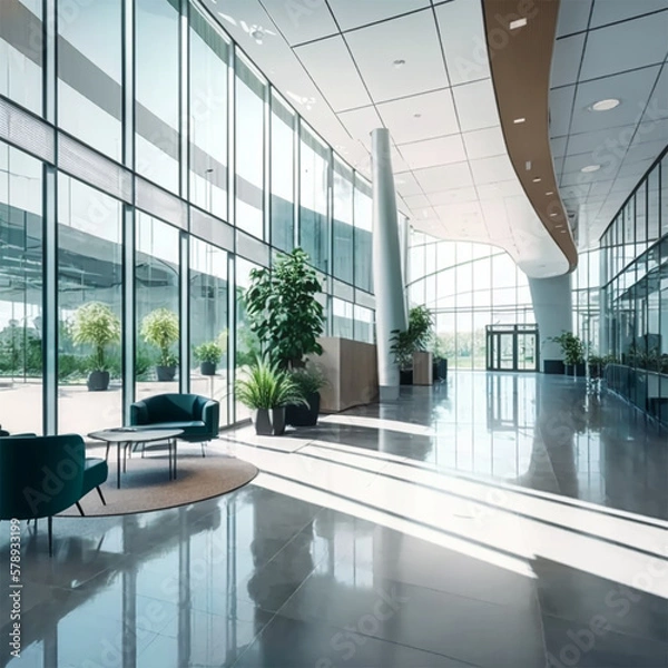 Fototapeta a beautiful office building lobby with sleek modern design and large windows , a beautiful office building lobby with sleek modern design and large windows shallow depth of field to emphasize