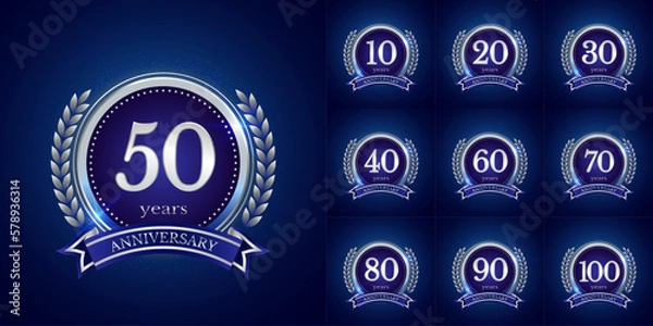 Fototapeta Anniversary number logotype label badge template. Premium anniversary celebration emblem signs design png for company, booklet, leaflet, magazine, brochure, web, invitation or greeting card